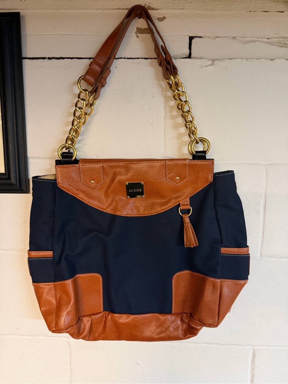 Miche Navy Tote with Brown Leather Trim and Gold Chain Handles